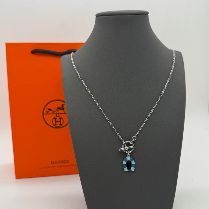 Hermès Lucky Horseshoe Enamel Necklace — Silver & Blue