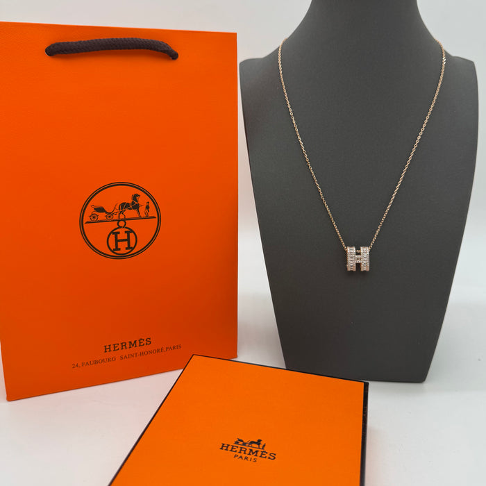 Hermès “H” Diamond Pavé Pendant Necklace in Gold - Rose Gold & Silver