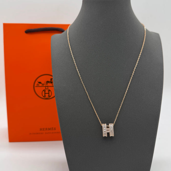 Hermès “H” Diamond Pavé Pendant Necklace in Gold - Rose Gold & Silver