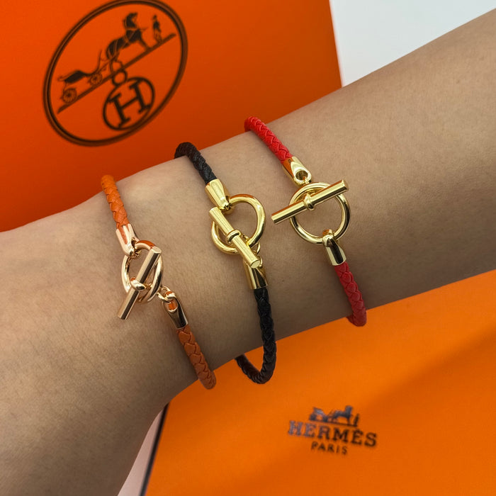 Hermès Kelly Double Tour Leather Bracelet — Red, Black & Orange