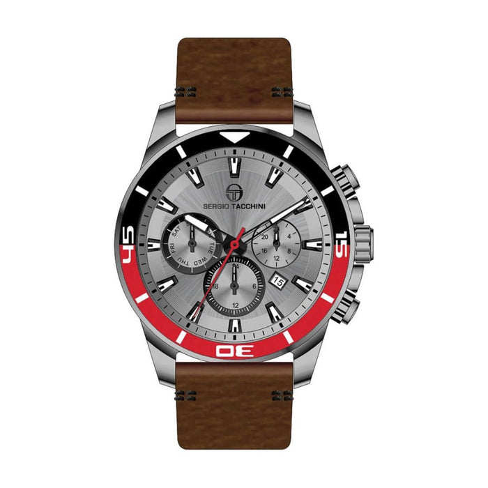 Sergio Tacchini Chronograph Watch – Silver Dial with Red Bezel & Brown Leather Strap