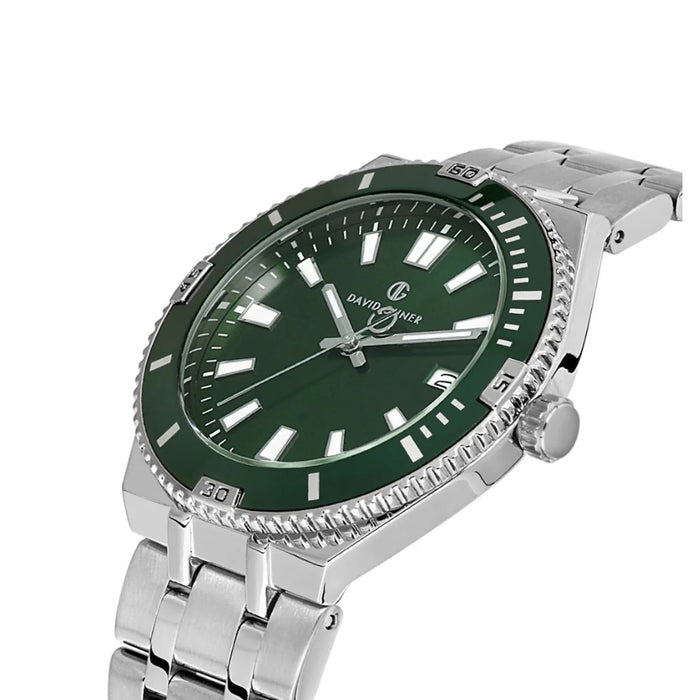 David Guner Men's Diver-Style Watch – Green Dial with Silver Stainless Steel Bracelet