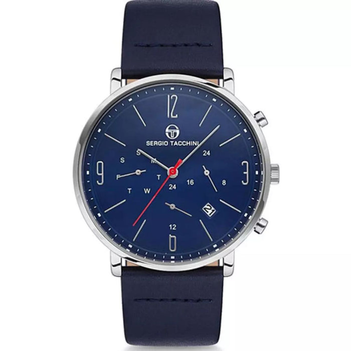 Sergio Tacchini Minimalist Multifunction Watch – Blue Dial with Leather Strap
