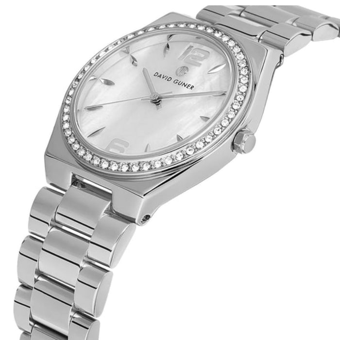 David Guner Women's Silver Watch – Mother-of-Pearl Dial with Crystal Bezel