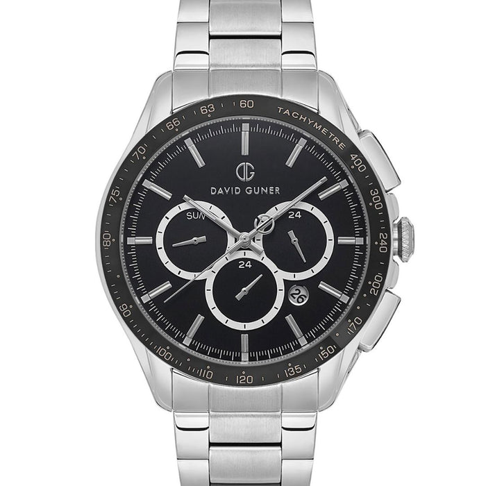 David Guner Men's Chronograph Watch – Black Dial with Tachymeter & Stainless Steel Band