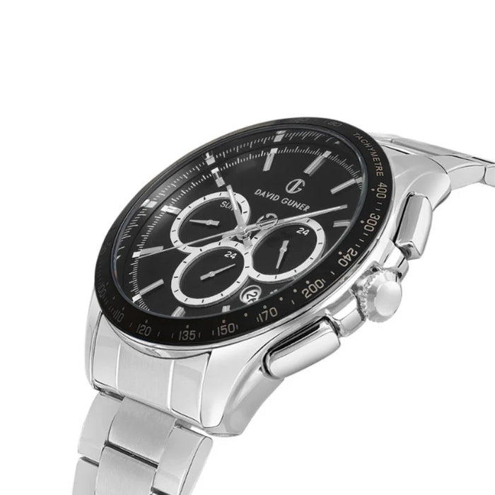 David Guner Men's Chronograph Watch – Black Dial with Tachymeter & Stainless Steel Band