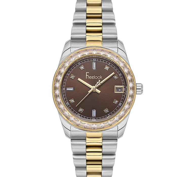 Freelook Two-Tone Gold & Silver Women's Watch with Brown Dial and Crystal Bezel