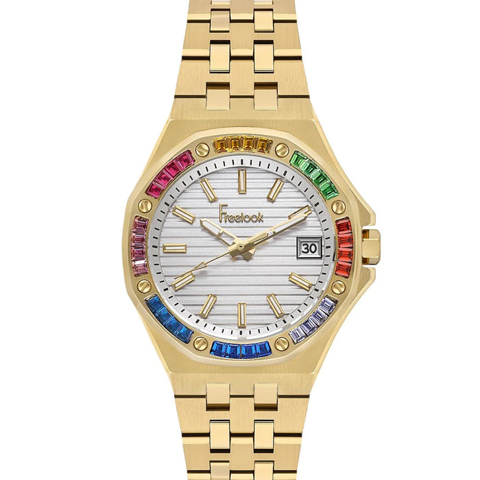 Freelook Women's Gold Watch with Rainbow Gemstone Bezel and Silver Dial