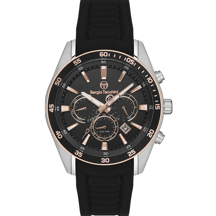 Sergio Tacchini Chronograph Watch – Black Dial with Rose Gold Accents & Silicone Strap