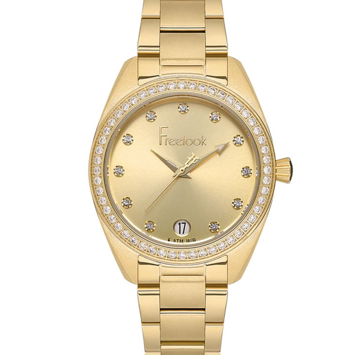 Freelook Women's Full Gold Watch with Crystal Bezel and Date Display