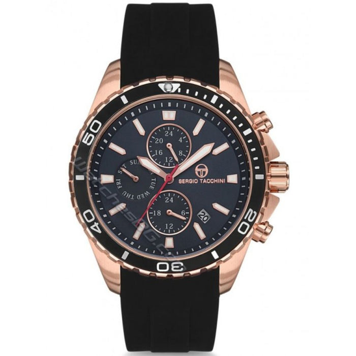 Sergio Tacchini Rose Gold Chronograph Watch – Black Dial & Silicone Strap