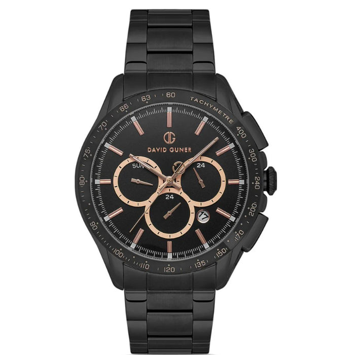 David Guner Men's Black Chronograph Watch – Rose Gold Accents & Tachymeter Bezel