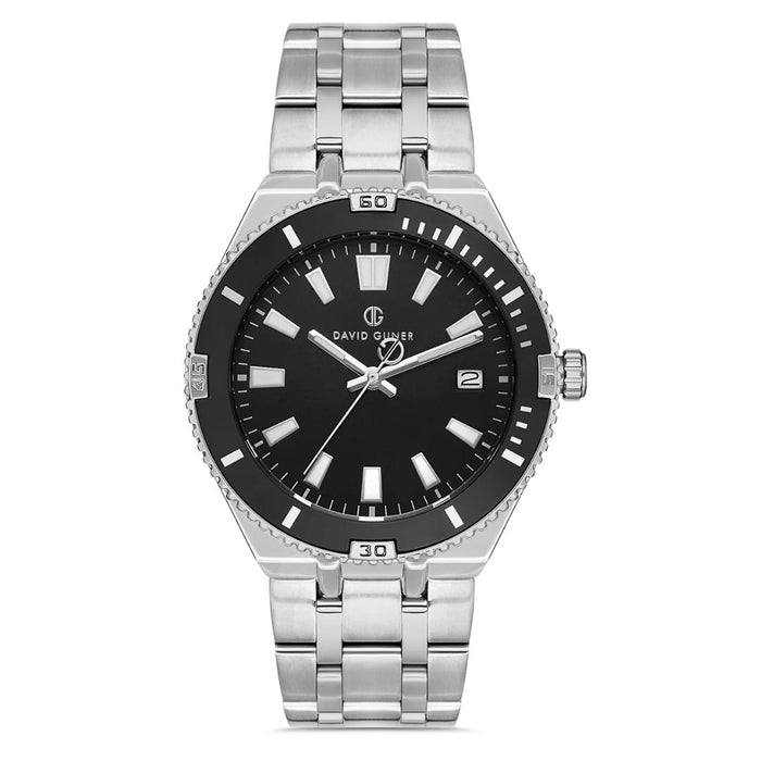 David Guner Classic Diver-Style Men's Watch – Black Dial & Silver Stainless Steel Bracelet