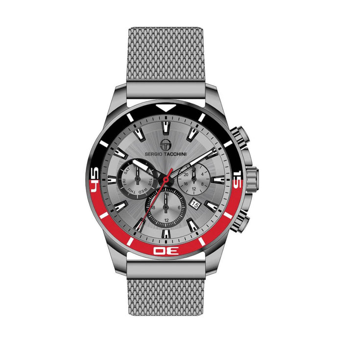 Sergio Tacchini Chronograph Watch – Silver Dial with Mesh Bracelet & Red-Black Bezel