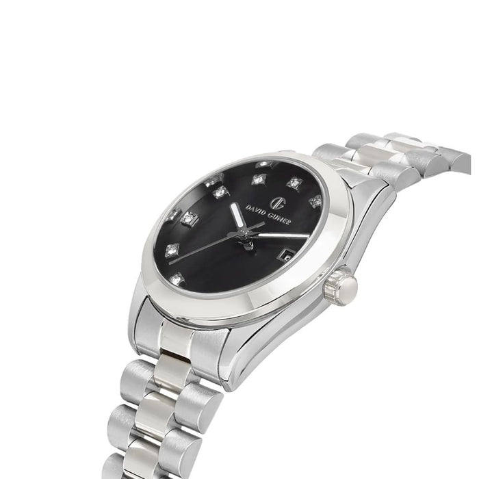 David Guner Women's Silver Watch – Black Dial with Crystal Hour Markers & Date