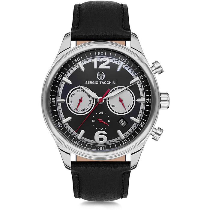 Sergio Tacchini Chronograph Watch – Black Dial with Leather Strap & Silver Case