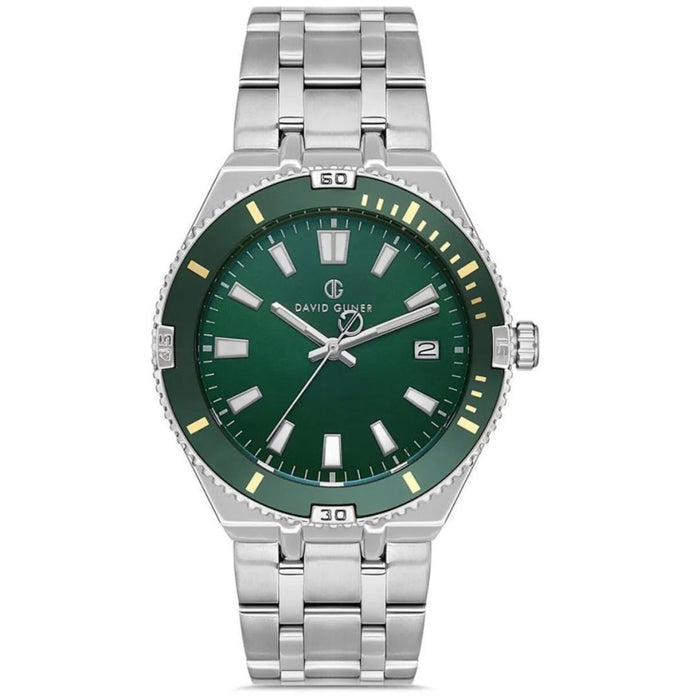 David Guner Men's Diver-Style Watch – Green Dial with Silver Stainless Steel Bracelet